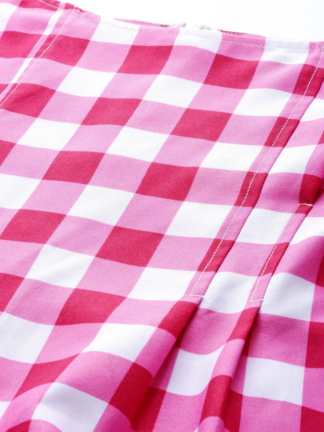 Women's Fushsia & White Check Puff Sleeve Shift Dress