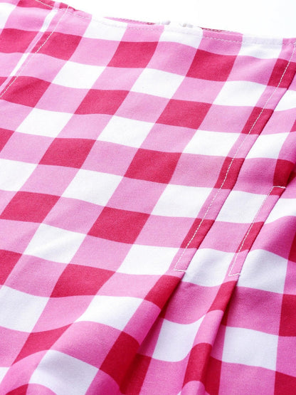 Women's Fushsia & White Check Puff Sleeve Shift Dress