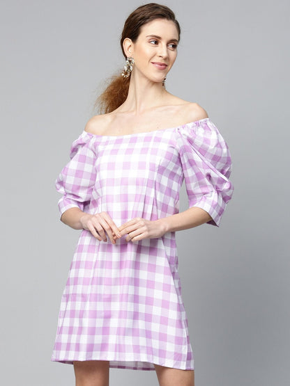 Women's Lavender Check & White Puff Sleeve Shift Dress