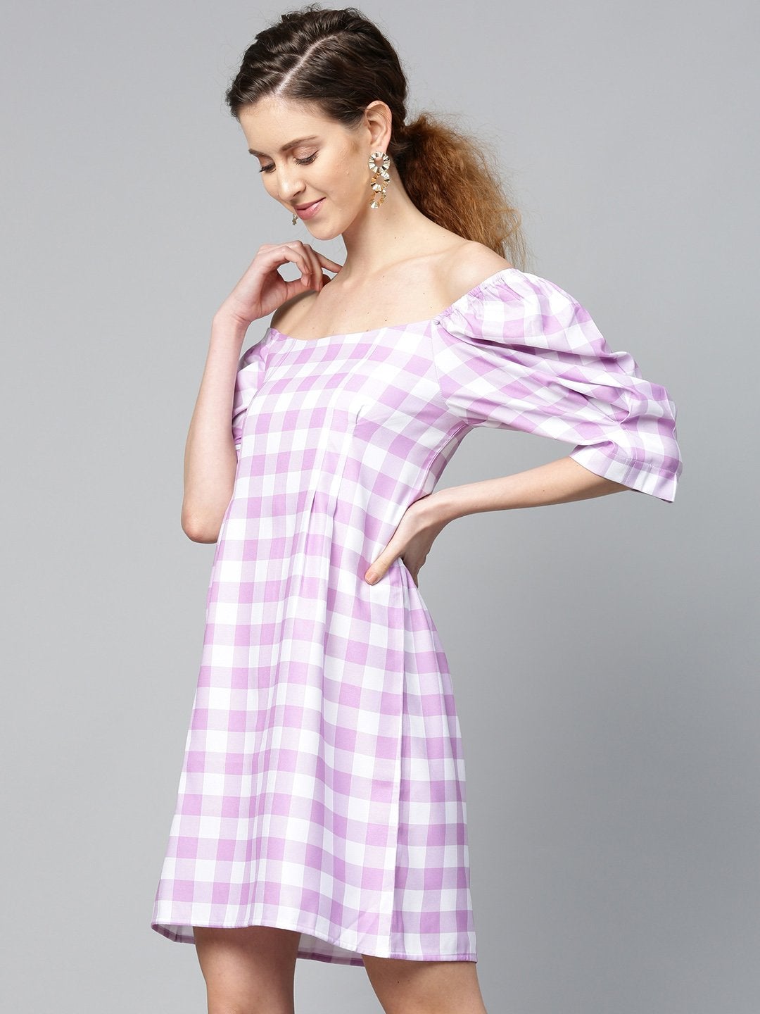 Women's Lavender Check & White Puff Sleeve Shift Dress