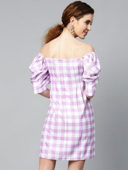 Women's Lavender Check & White Puff Sleeve Shift Dress