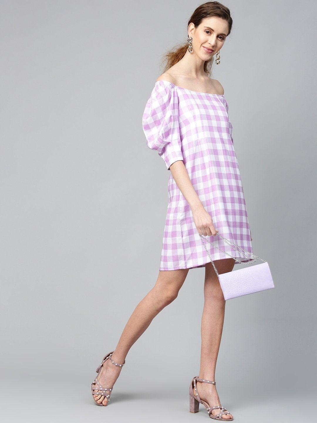 Women's Lavender Check & White Puff Sleeve Shift Dress