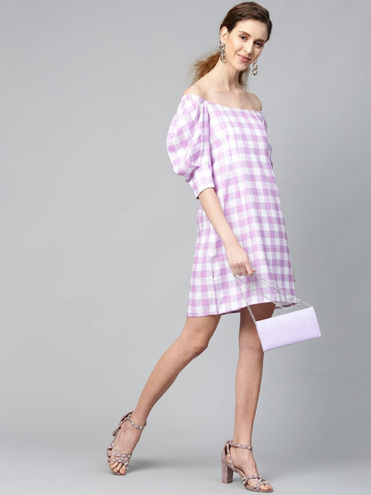 Women's Lavender Check & White Puff Sleeve Shift Dress