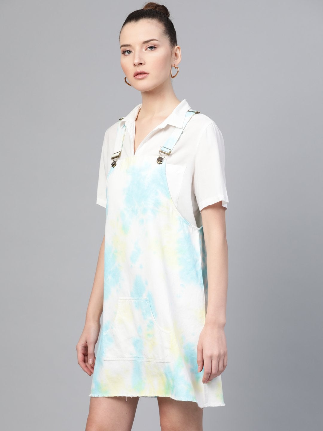 Women's Yellow & Blue Tie-Dye Pinafore Dress