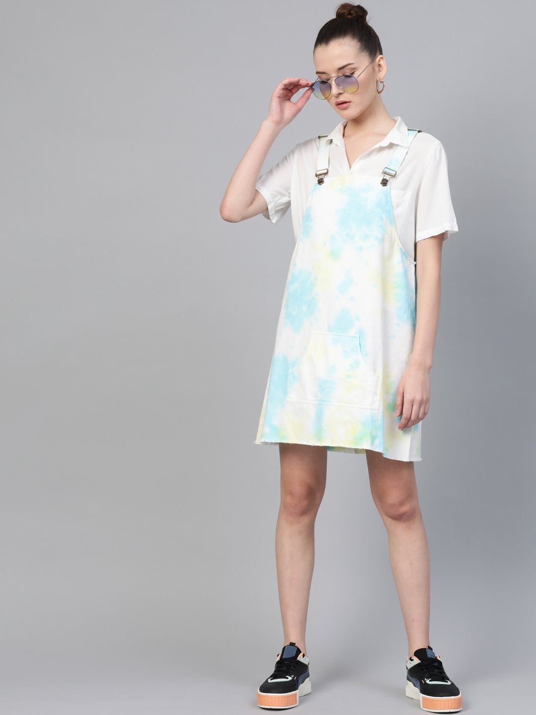 Women's Yellow & Blue Tie-Dye Pinafore Dress