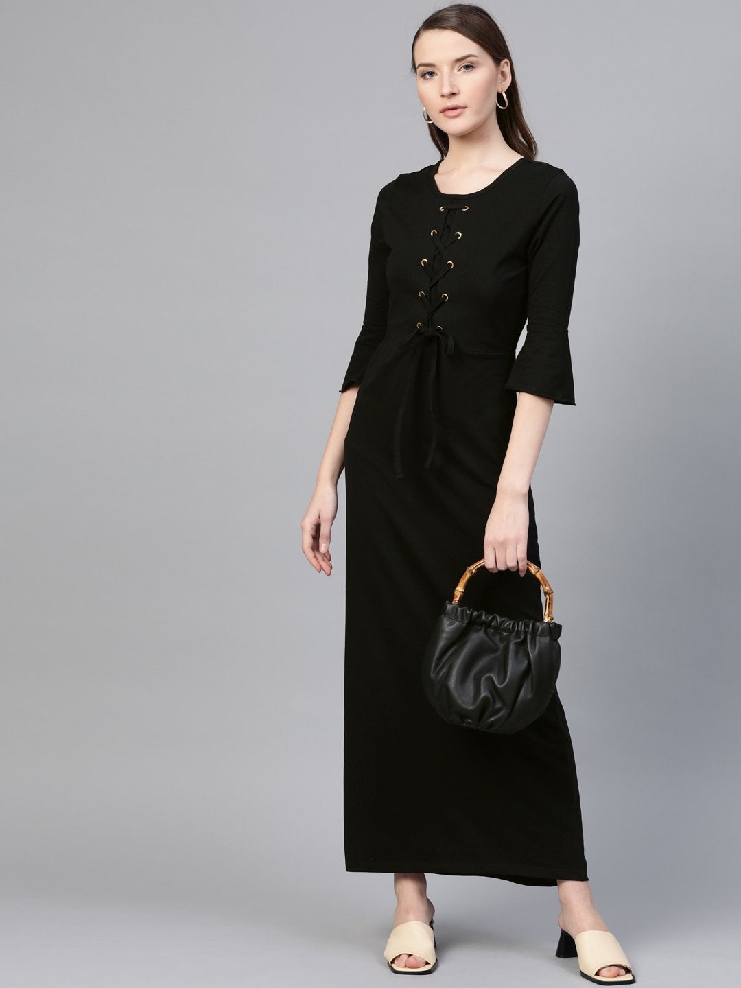 Women's Black Front Criss Cross Detail Maxi