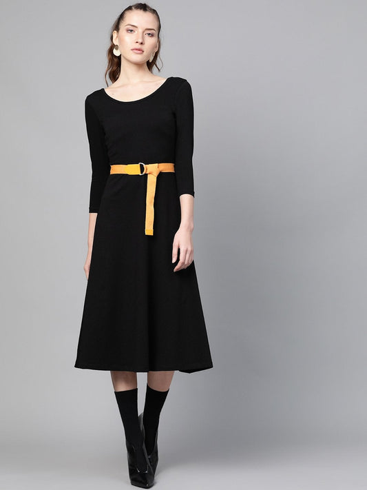 Women's Black Skater Belted Midi Dress
