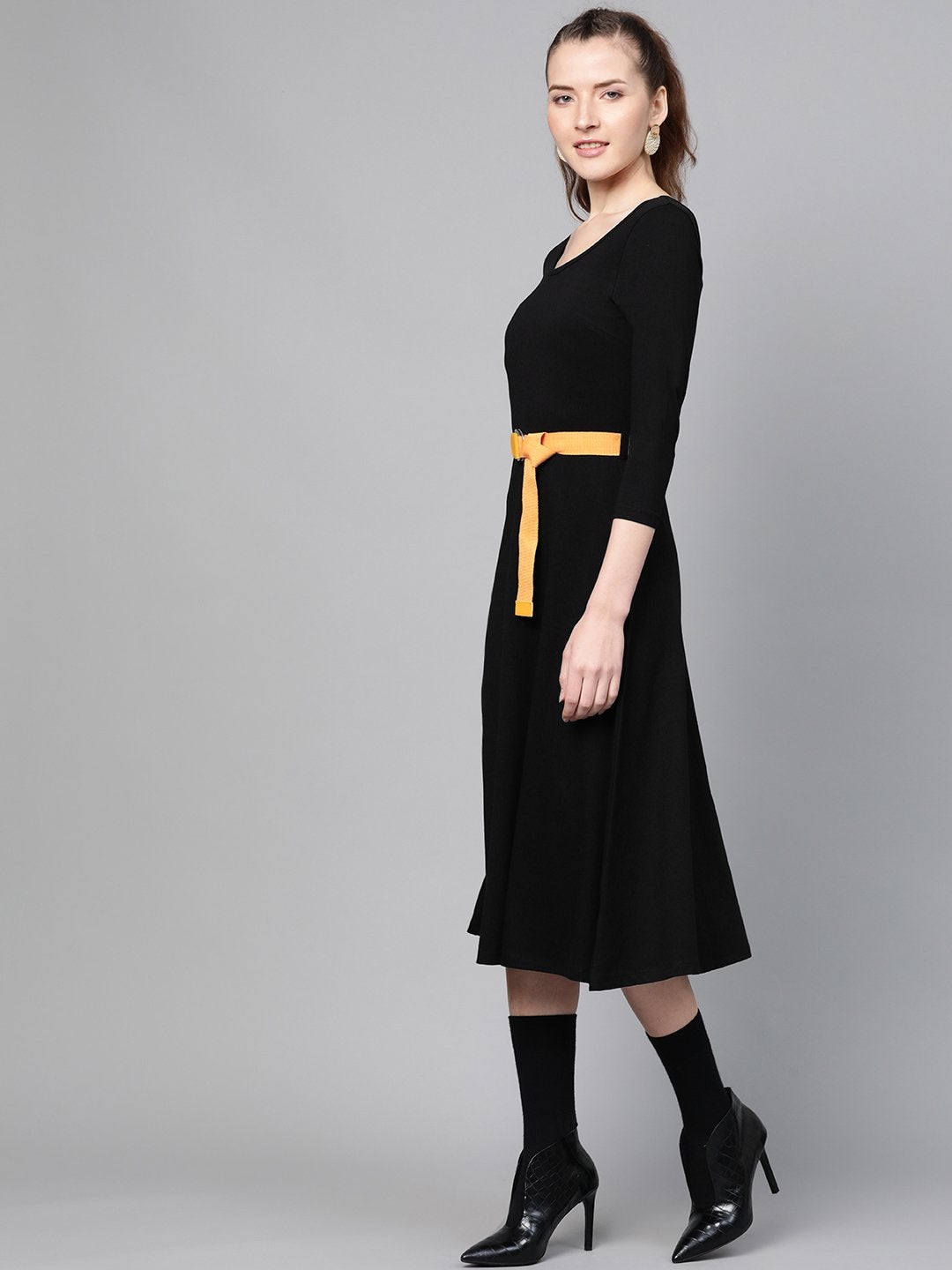 Women's Black Skater Belted Midi Dress