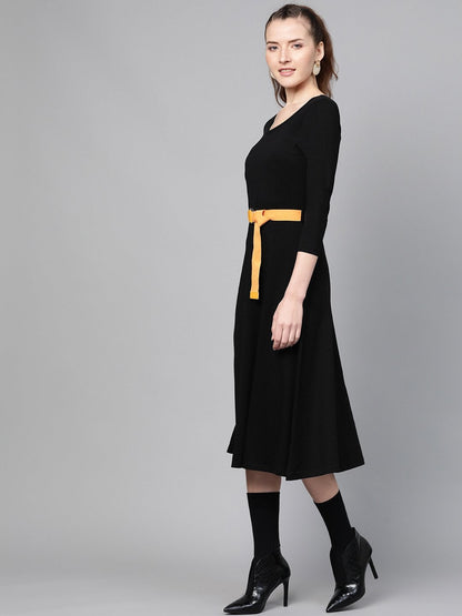Women's Black Skater Belted Midi Dress