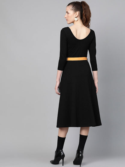 Women's Black Skater Belted Midi Dress