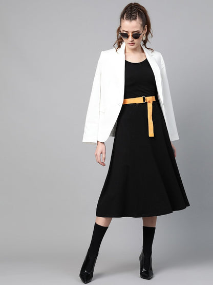 Women's Black Skater Belted Midi Dress