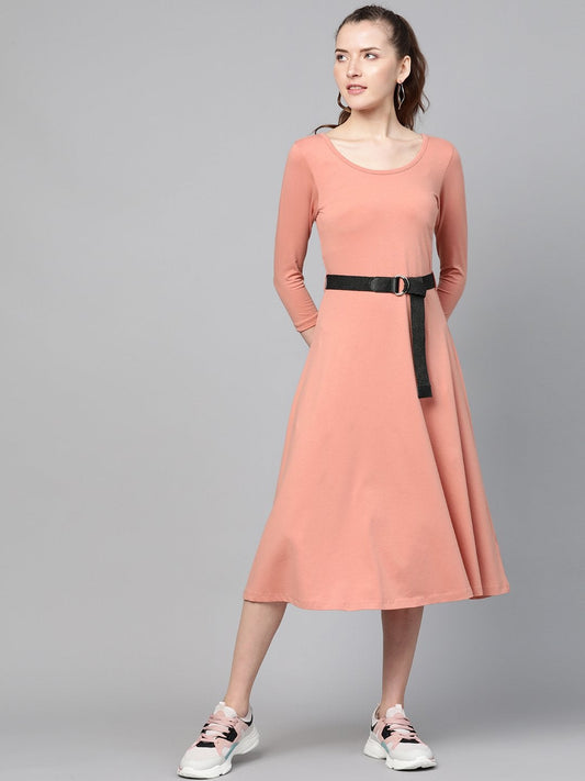 Women's Peach Skater Belted Midi Dress