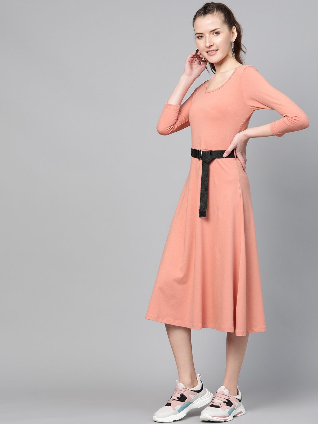 Women's Peach Skater Belted Midi Dress