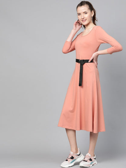 Women's Peach Skater Belted Midi Dress