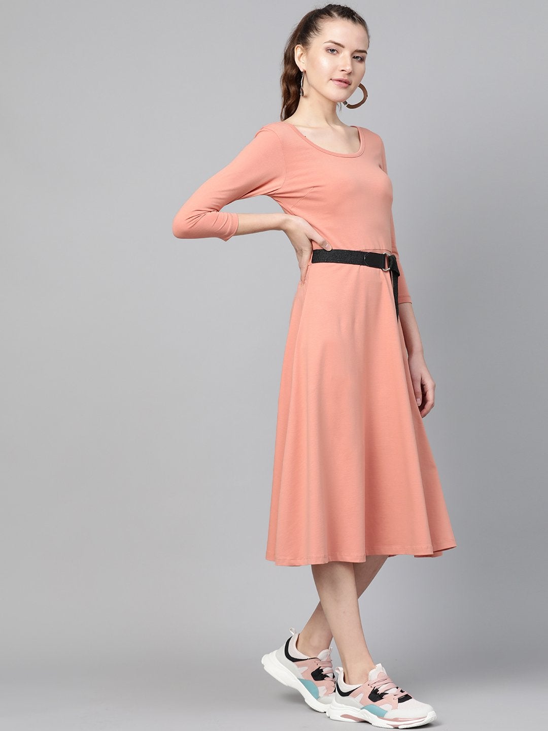 Women's Peach Skater Belted Midi Dress