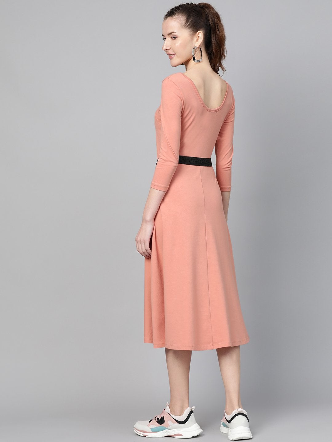 Women's Peach Skater Belted Midi Dress