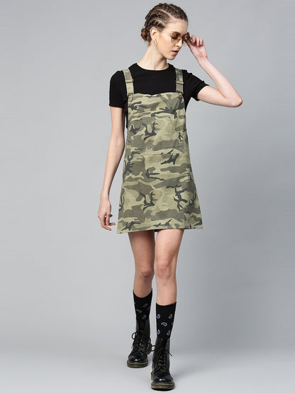 Women's Green Camouflage Twill Pinafore Dress