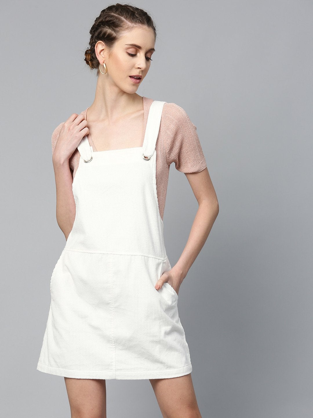 Women's White Corduroy Pinafore Dress