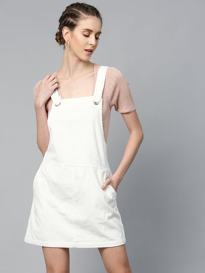 Women's White Corduroy Pinafore Dress