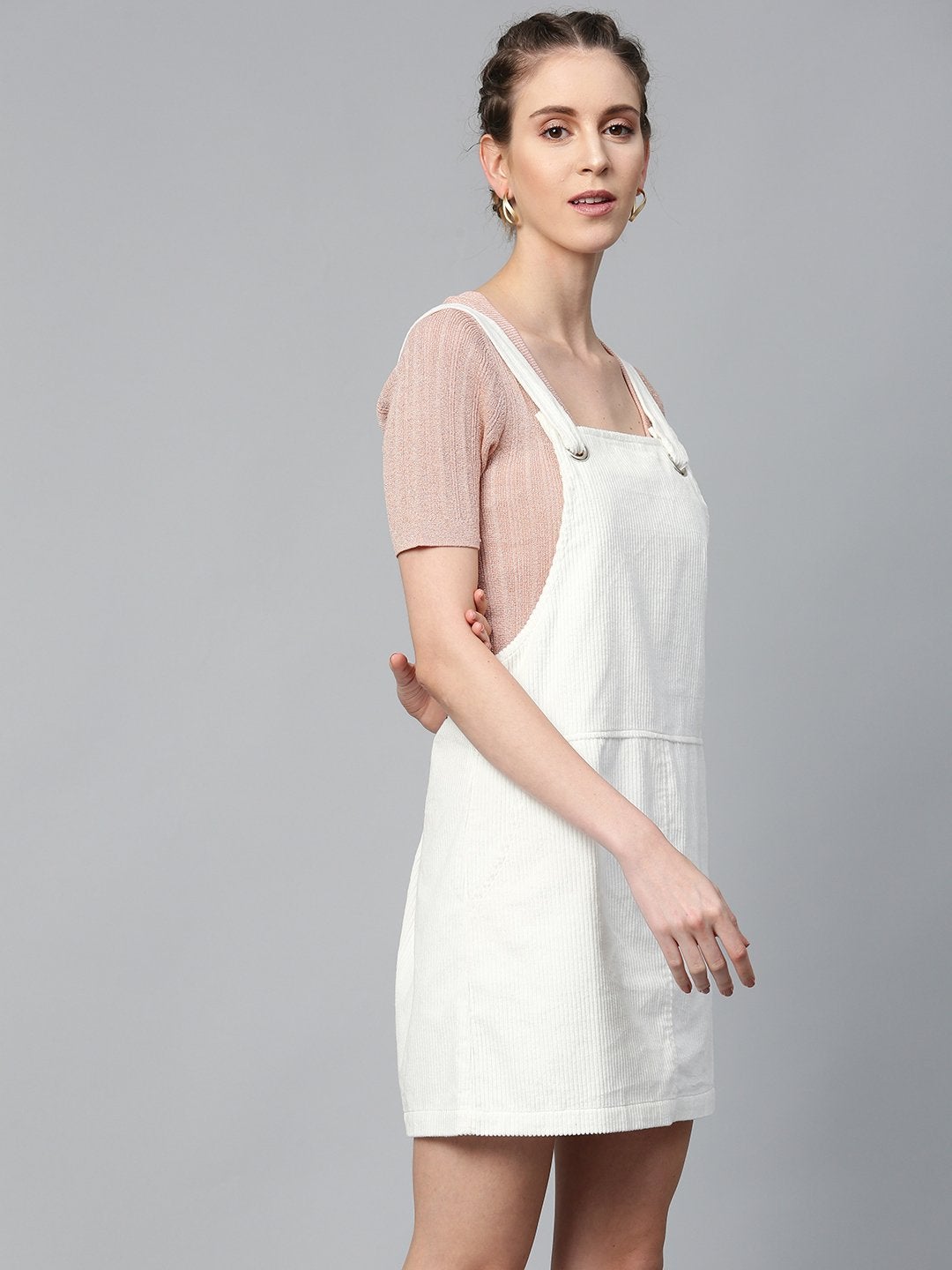 Women's White Corduroy Pinafore Dress