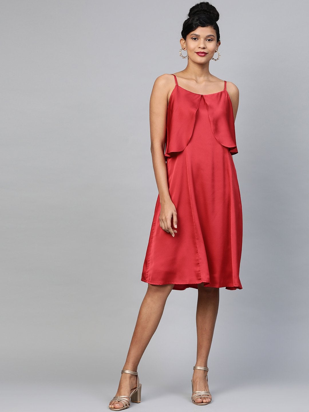 Women's Red Satin Strappy Skater Dress