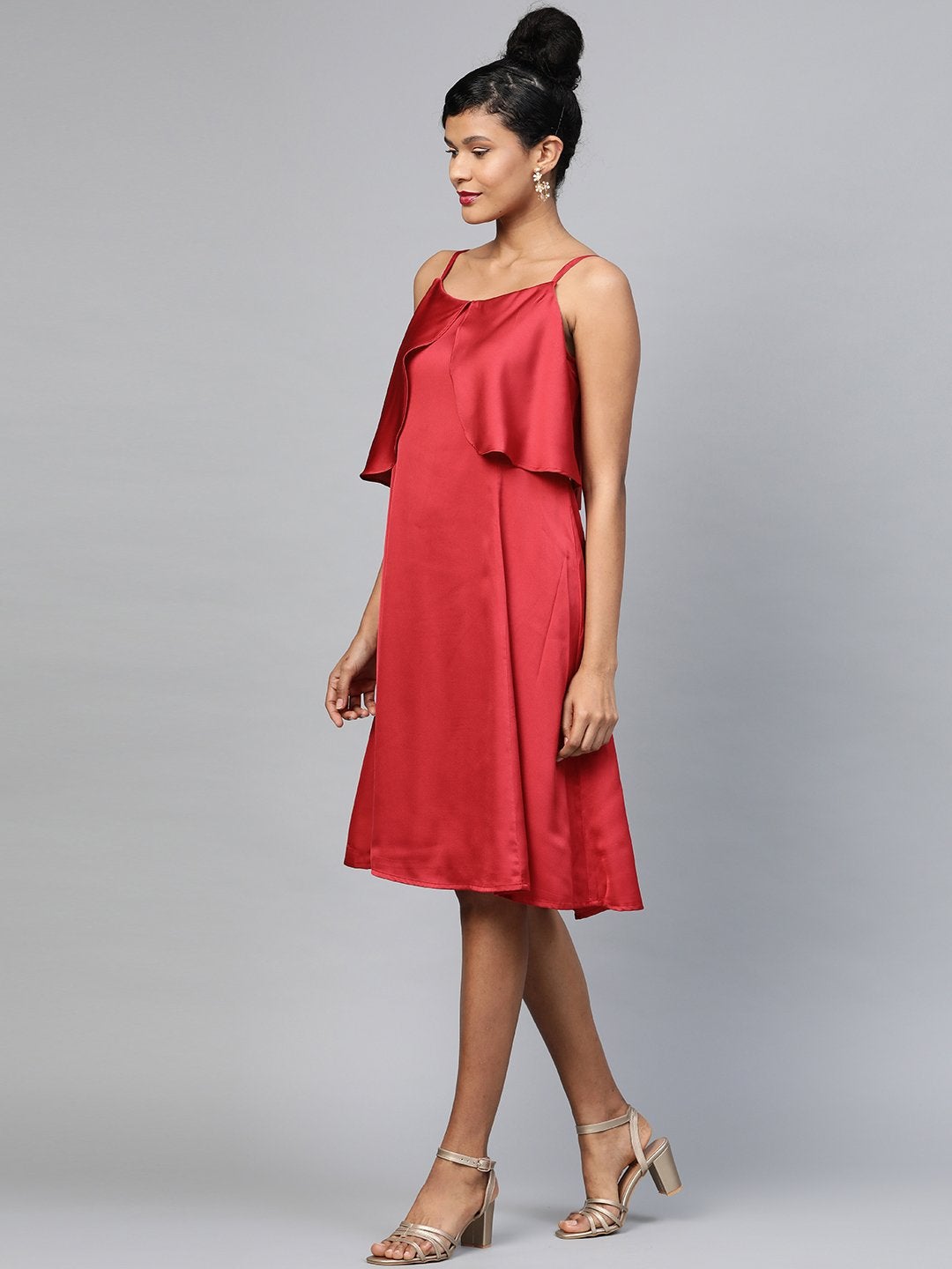 Women's Red Satin Strappy Skater Dress