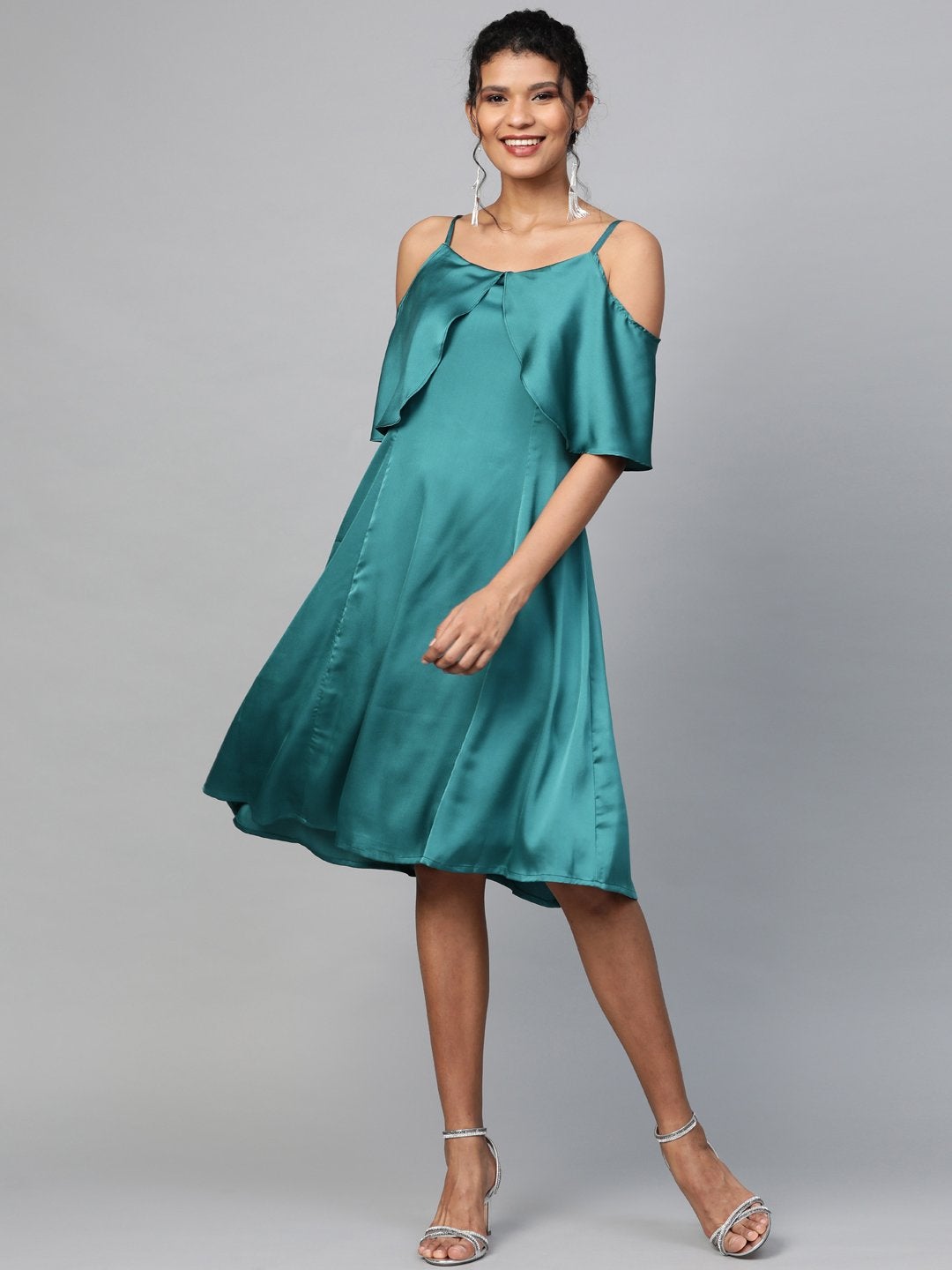 Women's Emerald Green Satin Strappy Skater Dress