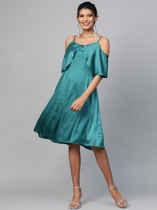 Women's Emerald Green Satin Strappy Skater Dress