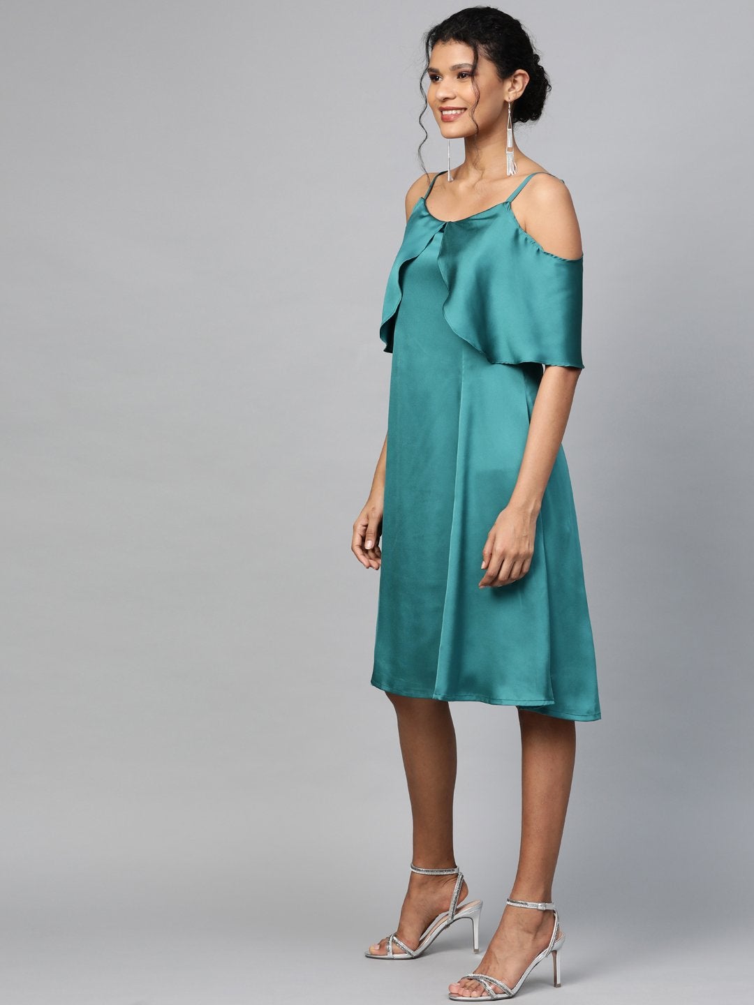 Women's Emerald Green Satin Strappy Skater Dress