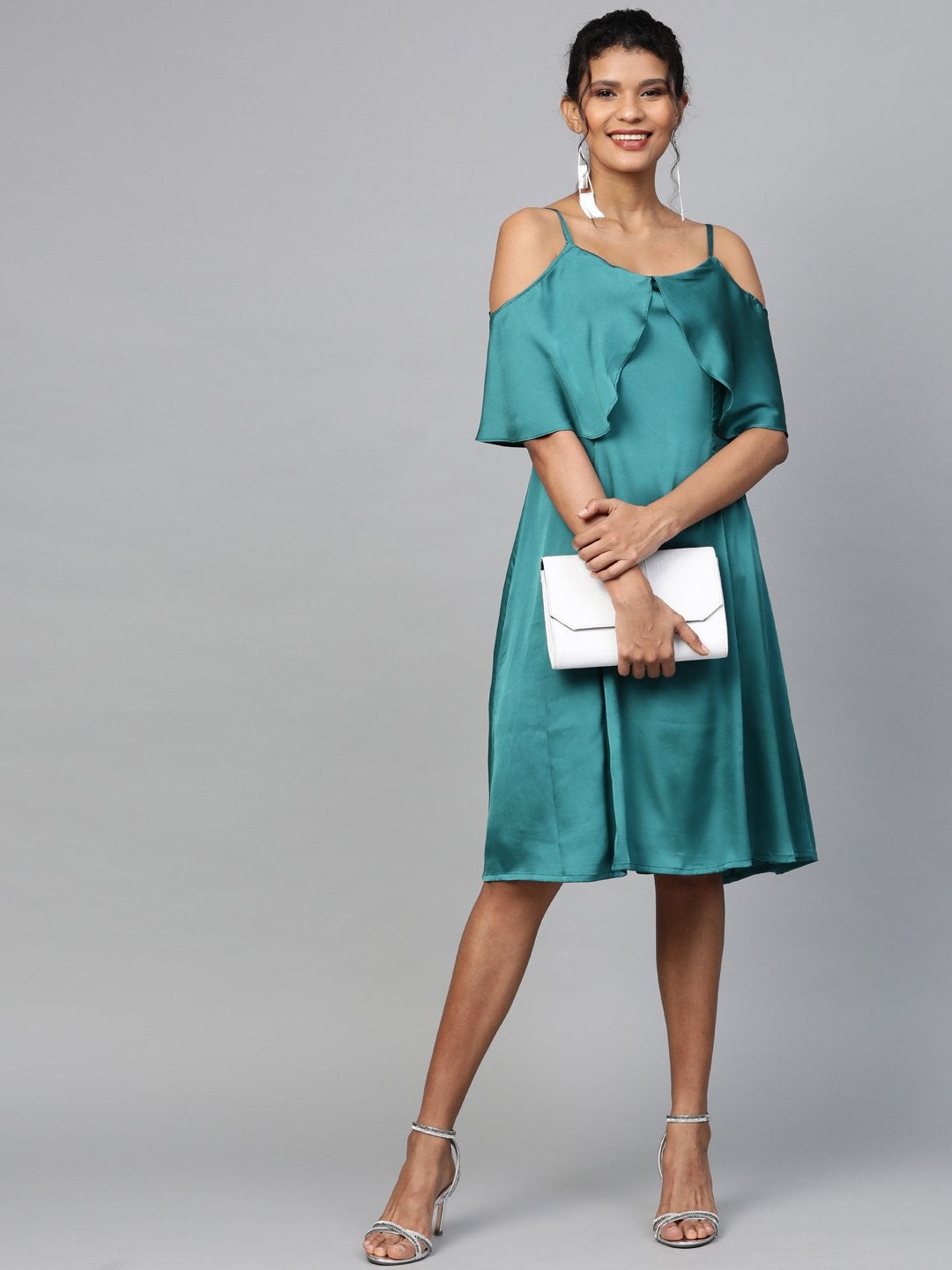 Women's Emerald Green Satin Strappy Skater Dress