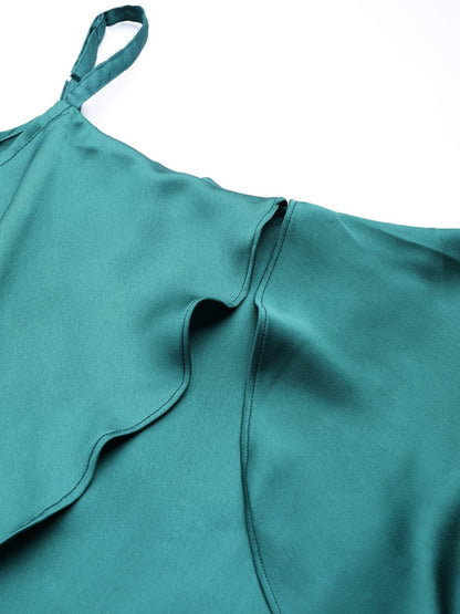 Women's Emerald Green Satin Strappy Skater Dress