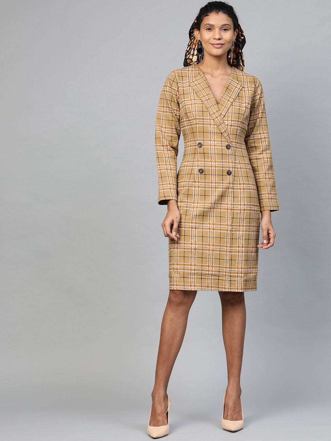Women's Beige Check Wrap Twill Blazer Dress