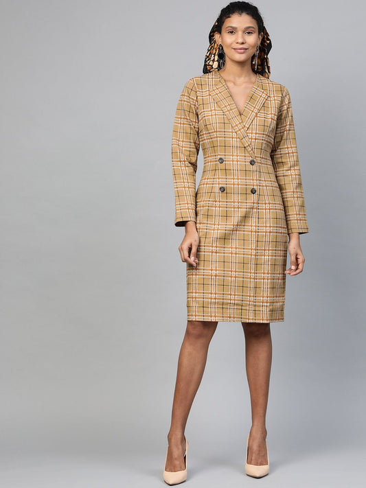 Women's Beige Check Wrap Twill Blazer Dress