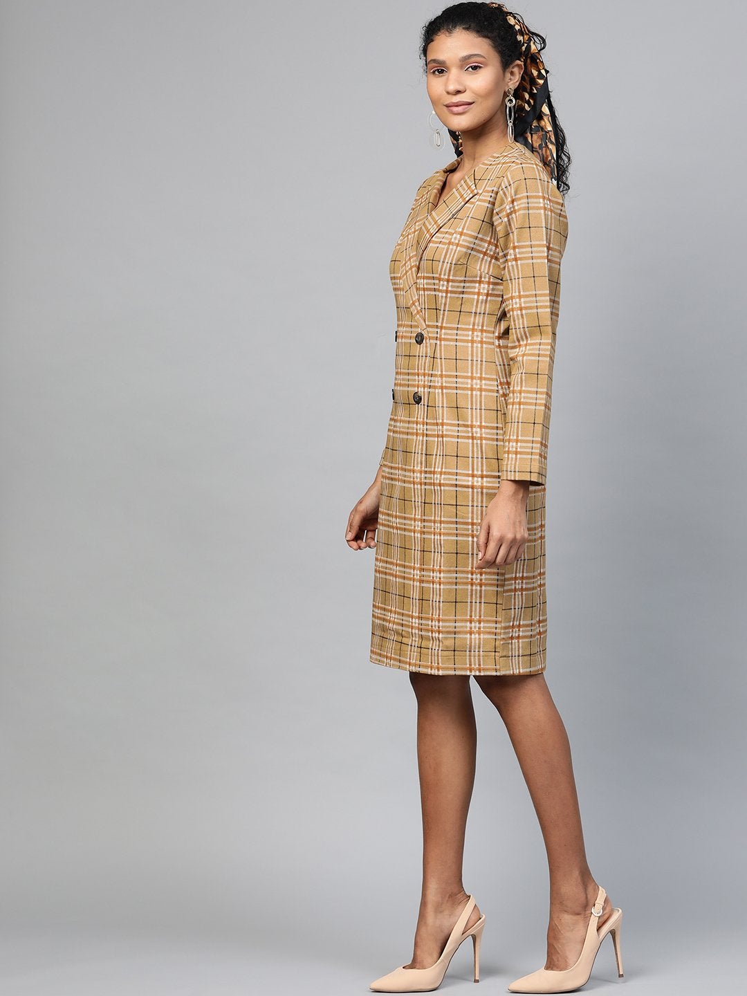 Women's Beige Check Wrap Twill Blazer Dress