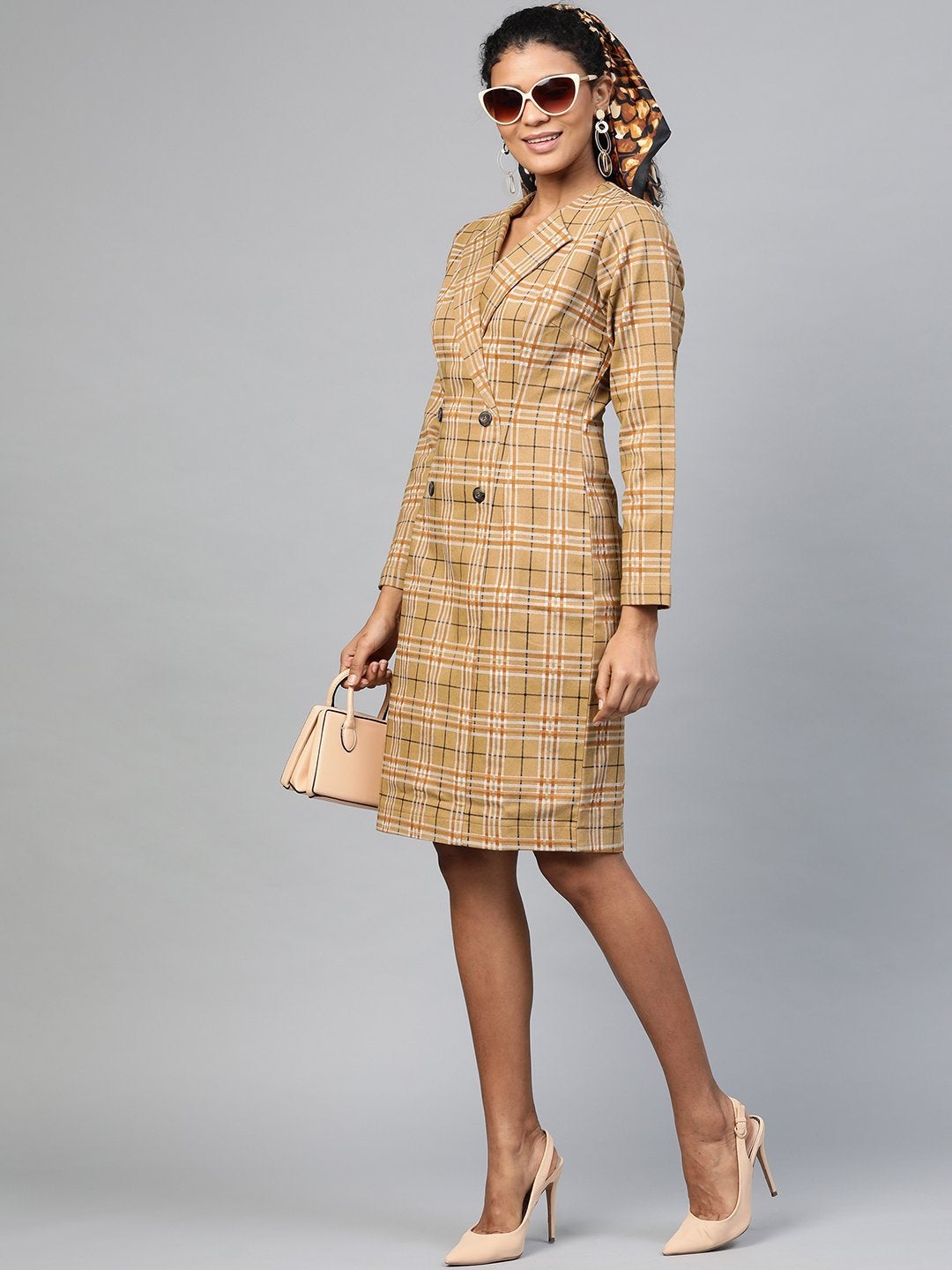 Women's Beige Check Wrap Twill Blazer Dress