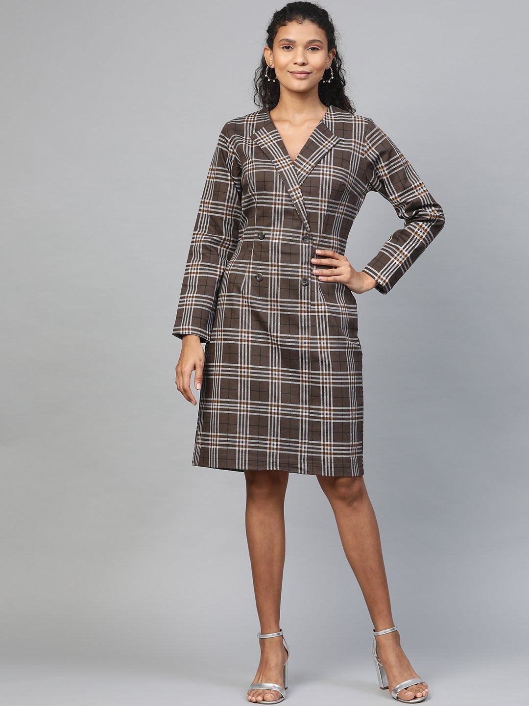 Women's Brown Check Wrap Twill Blazer Dress