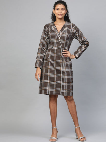 Women's Brown Check Wrap Twill Blazer Dress