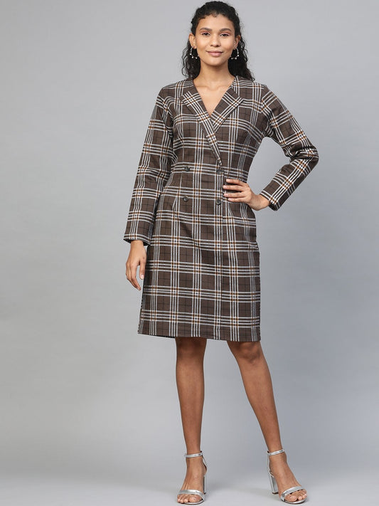 Women's Brown Check Wrap Twill Blazer Dress