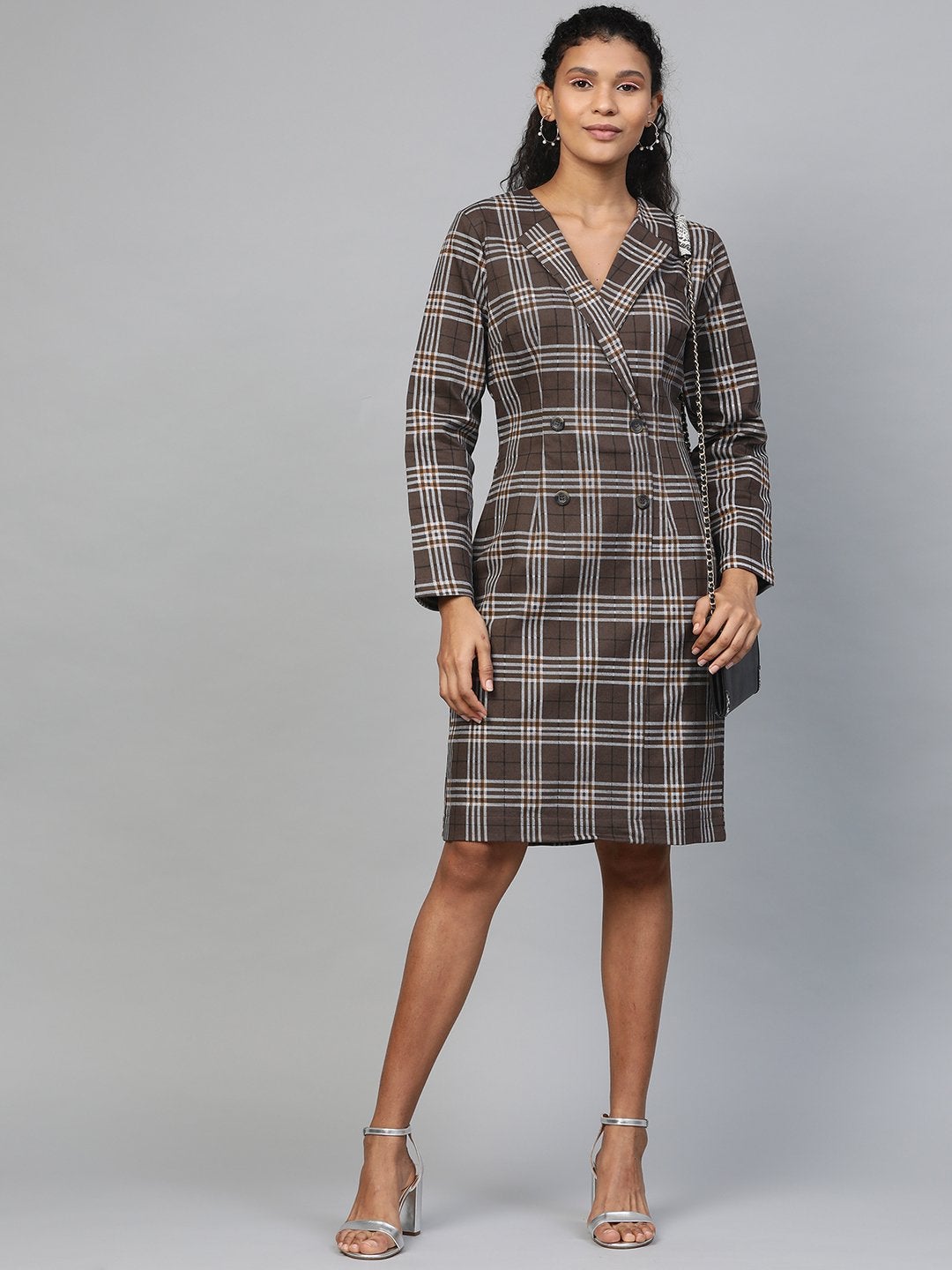 Women's Brown Check Wrap Twill Blazer Dress