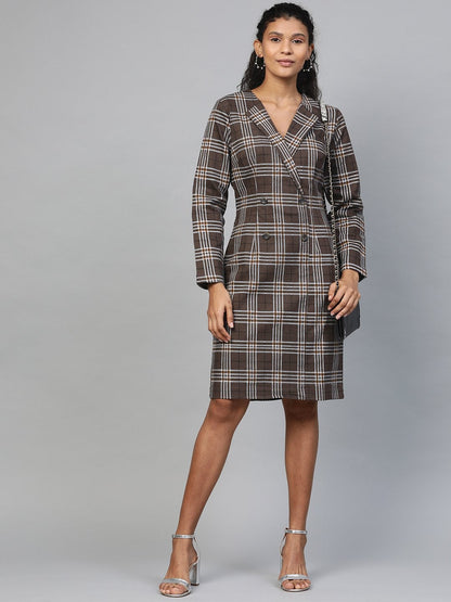 Women's Brown Check Wrap Twill Blazer Dress
