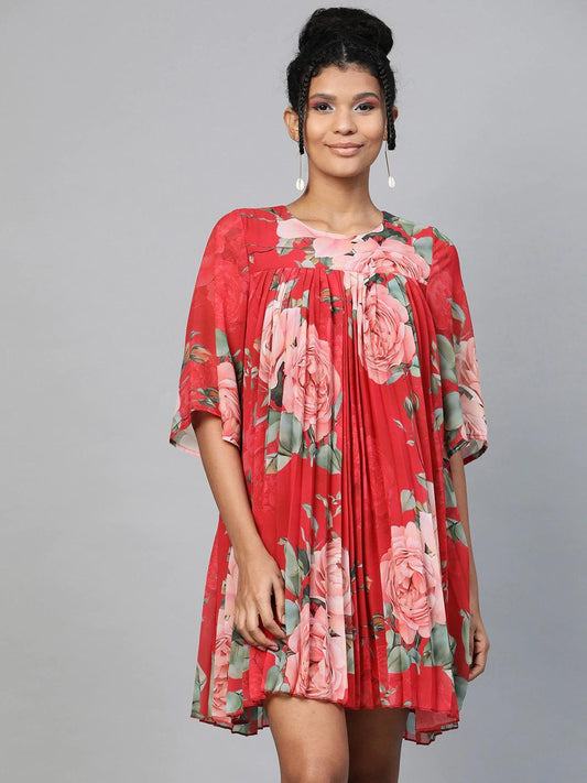 Women's Red Floral Pleated Trapeze Dress