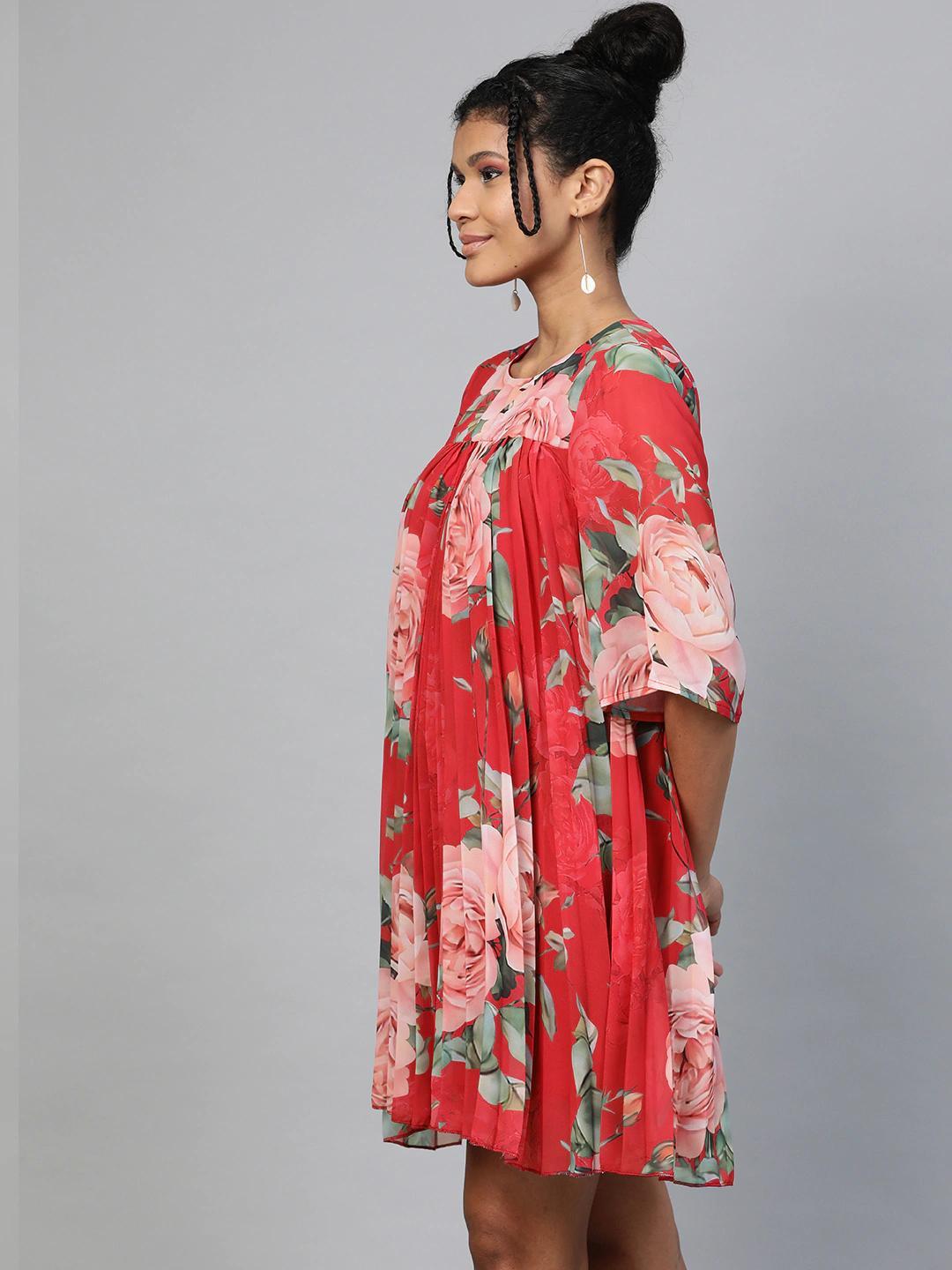 Women's Red Floral Pleated Trapeze Dress