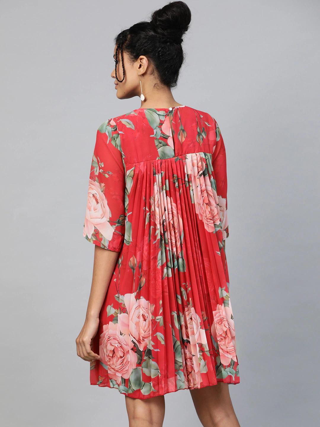 Women's Red Floral Pleated Trapeze Dress