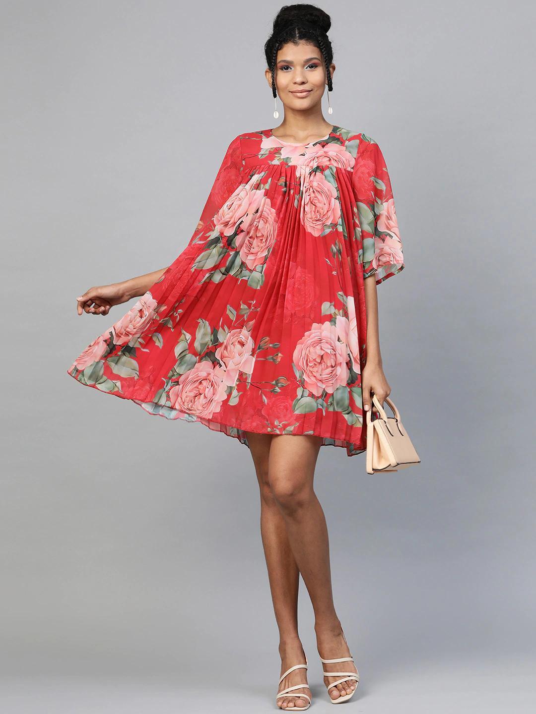 Women's Red Floral Pleated Trapeze Dress