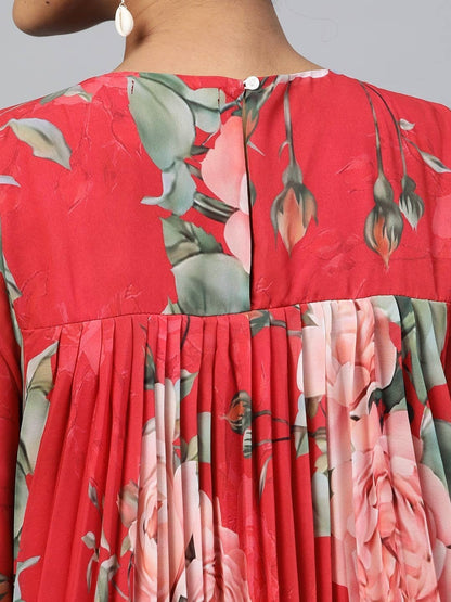 Women's Red Floral Pleated Trapeze Dress