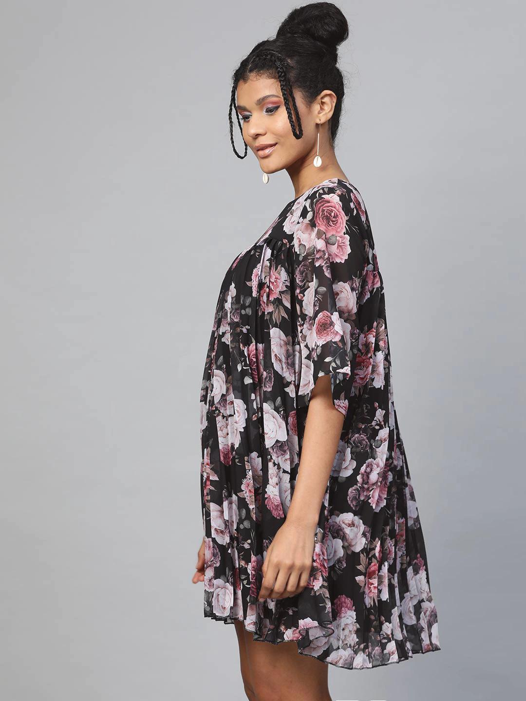 Women's Black Floral Pleated Trapeze Dress