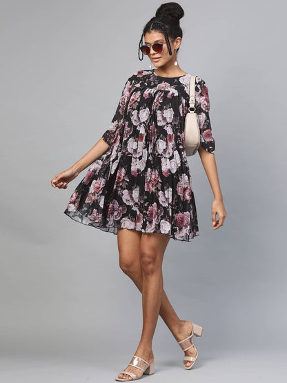 Women's Black Floral Pleated Trapeze Dress