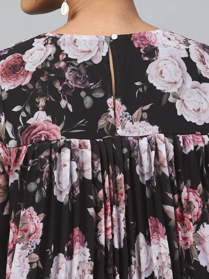 Women's Black Floral Pleated Trapeze Dress