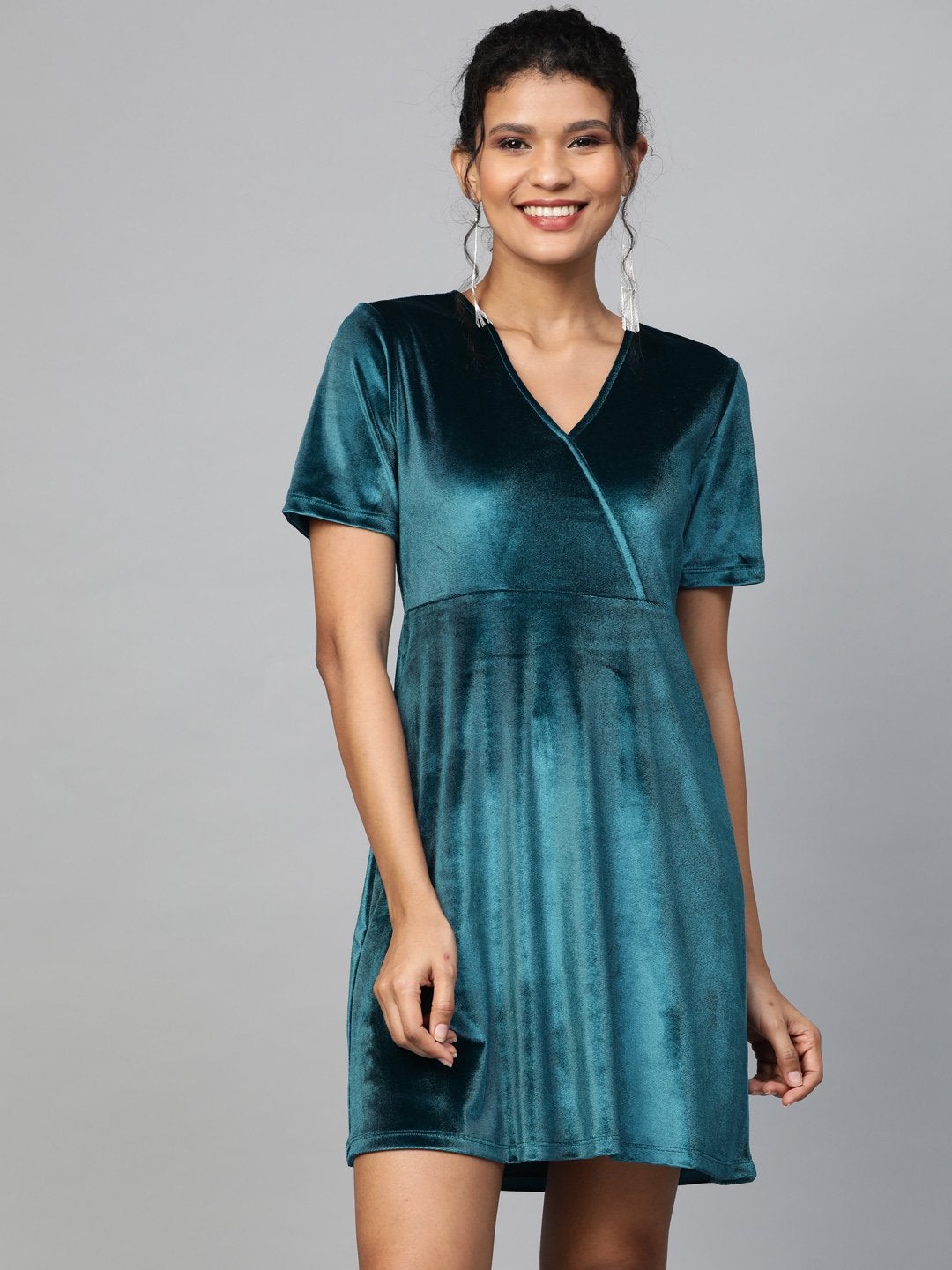 Women's Teal Velvet Wrap Skater Dress