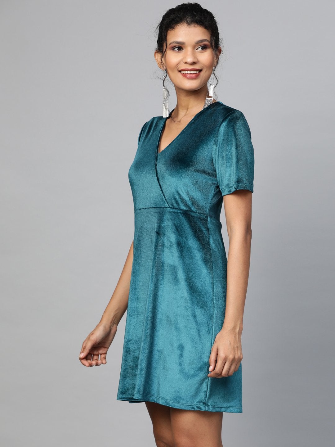 Women's Teal Velvet Wrap Skater Dress